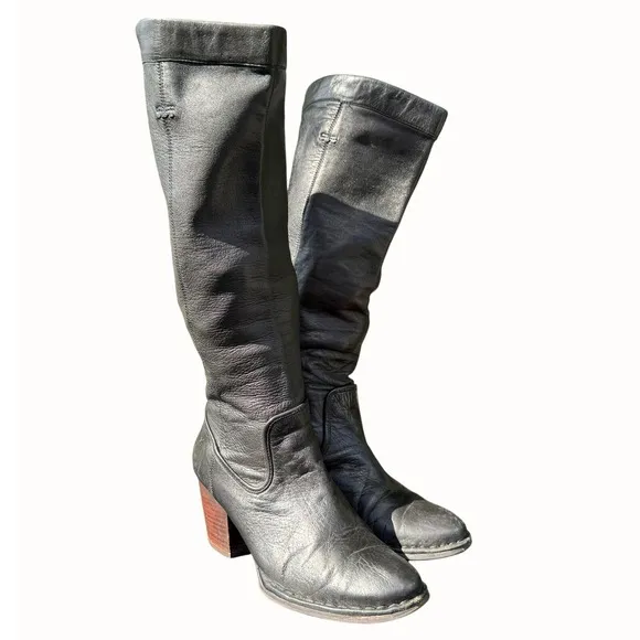 Frye Rory Scrunch Boot Genuine Leather Tall Knee High Black Heel 7.5 Rustic Boho