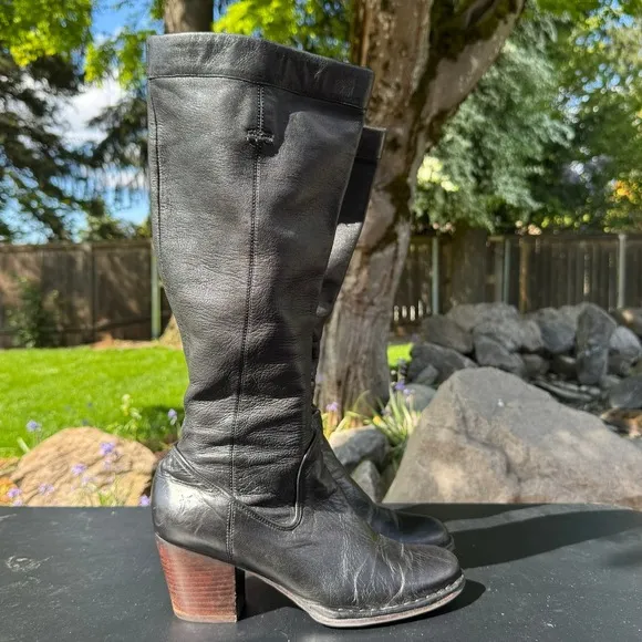 Frye Rory Scrunch Boot Genuine Leather Tall Knee High Black Heel 7.5 Rustic Boho