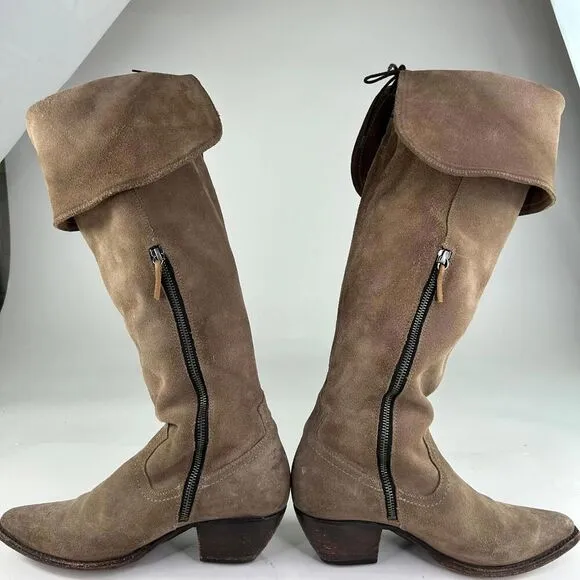FRYE Sacha Tan Suede OTK Western Boots US 9.5 B Foldover Tall Cowboy Riding Boot