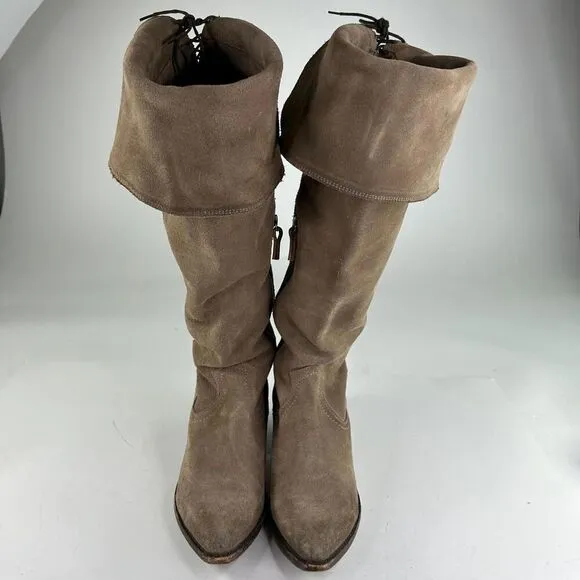 FRYE Sacha Tan Suede OTK Western Boots US 9.5 B Foldover Tall Cowboy Riding Boot