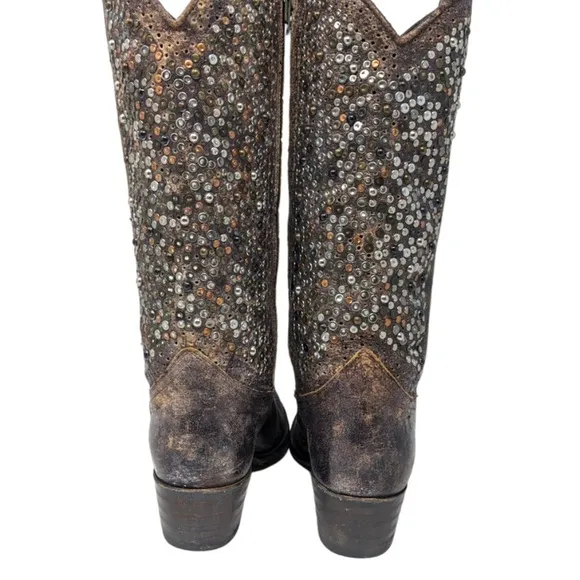 Frye Silver and Brown Heeled Boots with Studded Embellishments