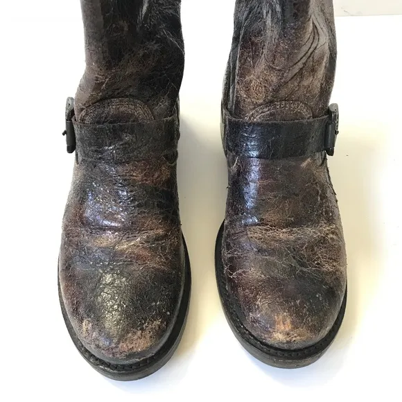 Frye Veronica Harness Distressed Boots Womens 7 Brown Leather Buckle Short Boho