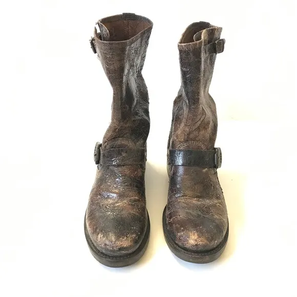 Frye Veronica Harness Distressed Boots Womens 7 Brown Leather Buckle Short Boho