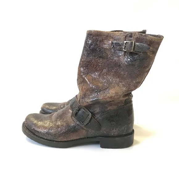 Frye Veronica Harness Distressed Boots Womens 7 Brown Leather Buckle Short Boho