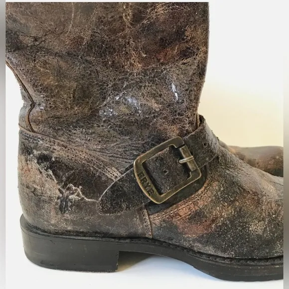 Frye Veronica Harness Distressed BrownLeather Women’s Short Boho Buckle Boots 9