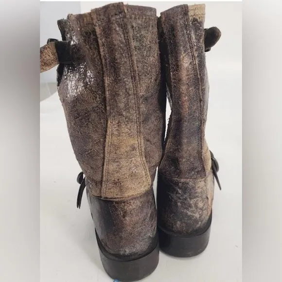 Frye Veronica Harness Distressed BrownLeather Women’s Short Boho Buckle Boots 9