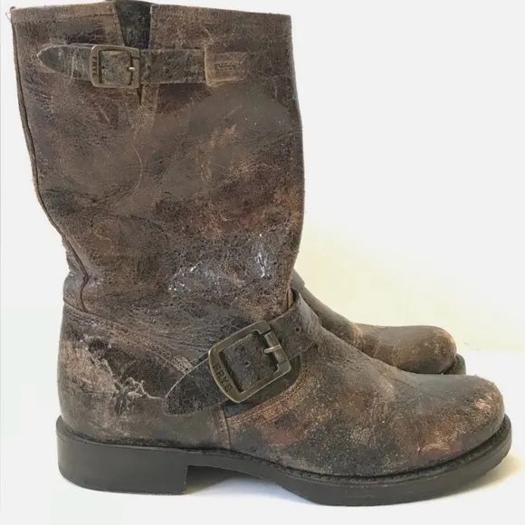 Frye Veronica Harness Distressed BrownLeather Women’s Short Boho Buckle Boots 9