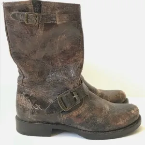 Frye Veronica Harness Distressed BrownLeather Women’s Short Boho Buckle Boots 9