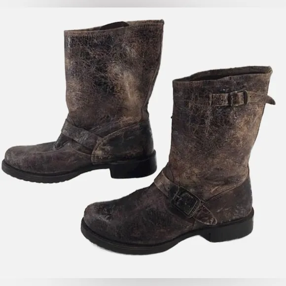 Frye Veronica Harness Distressed BrownLeather Women’s Short Boho Buckle Boots 9