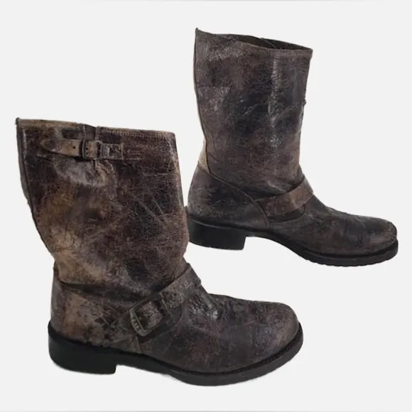 Frye Veronica Harness Distressed BrownLeather Women’s Short Boho Buckle Boots 9