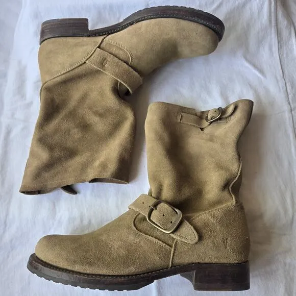 Frye Veronica Short Slouch Womens Suede Engineer Moto Harness Boots Tan Size 8.5