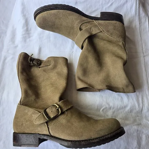 Frye Veronica Short Slouch Womens Suede Engineer Moto Harness Boots Tan Size 8.5