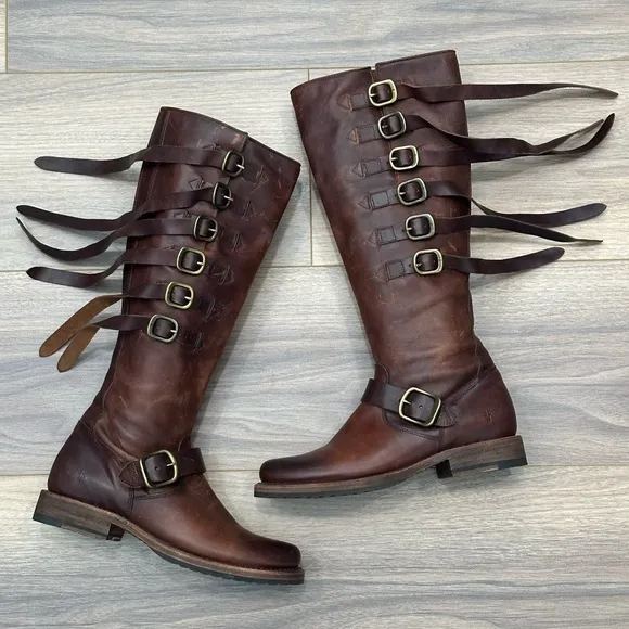 Frye Veronica Strap Tall Leather Boots in Brown Size 7