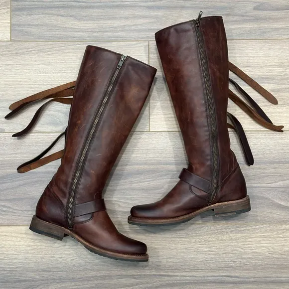 Frye Veronica Strap Tall Leather Boots in Brown Size 7