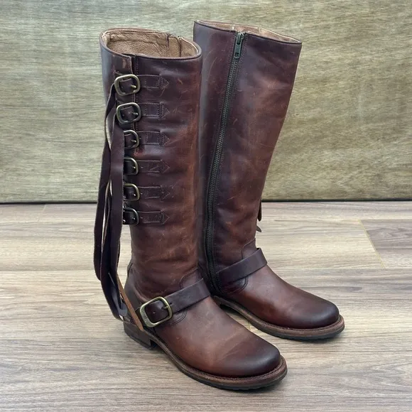 Frye Veronica Strap Tall Leather Boots in Brown Size 7