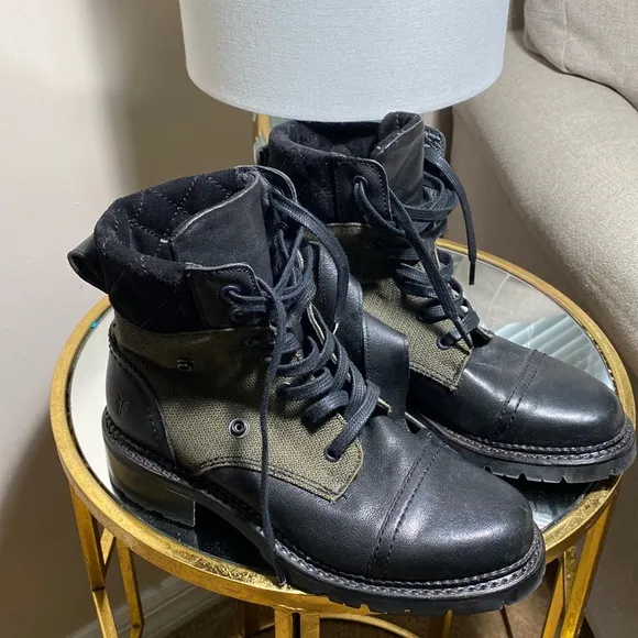 Frye women’s black leather and green canvas combat boots. Size 5 /12