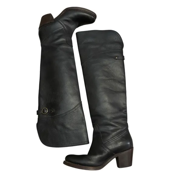 Frye Women's Jane Tall Riding Cuff Black Leather Knee-High Boots 5.5