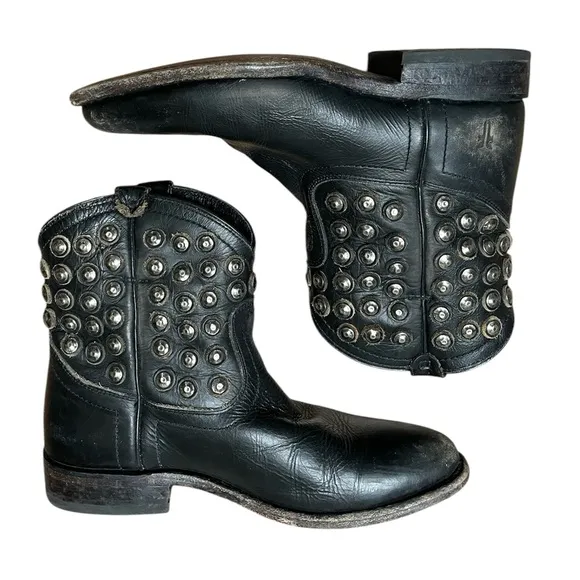 Frye Wyatt Disc Boots Short Ankle Western Size 6.5 B Black Leather Studded