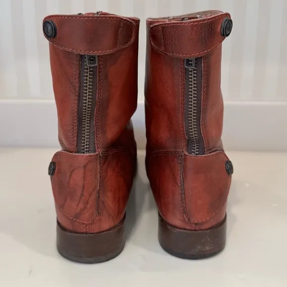 Frye Zip Back Cognac Leather Ankle Boots Size 8 1/2B Narrow