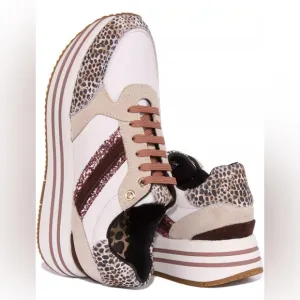 Geox D Kency Womens Lace Up Platform Shiny Sneakers‎ In Taupe Size US 9