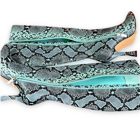 Gianni Bini Lennoxe Snake Print Leather Tall 4&quot; Heel Black Teal Boots 6.5 NWT