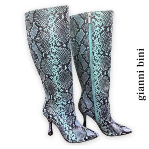 Gianni Bini Lennoxe Snake Print Leather Tall 4&quot; Heel Black Teal Boots 6.5 NWT