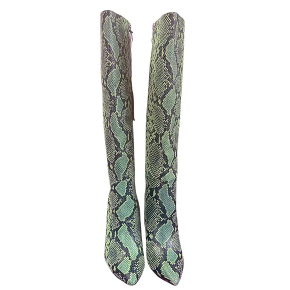 Gianni Bini Lennoxe Snake Print Leather Tall 4&quot; Heel Black Teal Boots 6.5 NWT