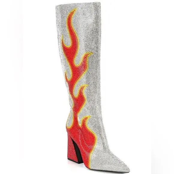 Gianni Bini Zander Rhinestone Flame Pointed Toe Tall Boots Size 5M