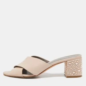 Gina Light Pink Leather Crystal Embellished Heel Slide Sandals Size 37