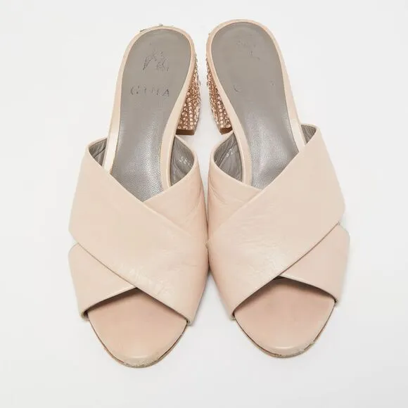 Gina Light Pink Leather Crystal Embellished Heel Slide Sandals Size 37