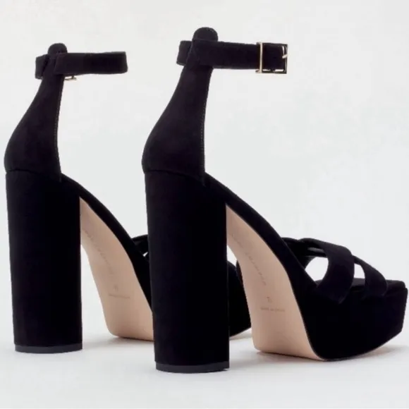 Good American Suede Black Platform Sandals Open Square Toe Size 6 NWT
