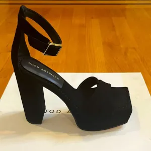 Good American Suede Black Platform Sandals Open Square Toe Size 6 NWT