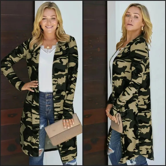 Green Camouflage Open Front Longline Cardigan