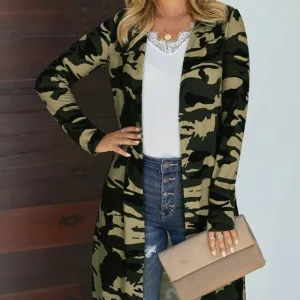 Green Camouflage Open Front Longline Cardigan