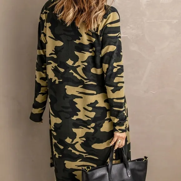 Green Camouflage Open Front Longline Cardigan