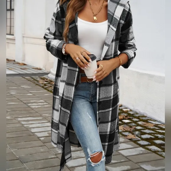Grey Plaid Whisper Hooded Coat