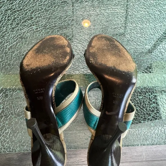 Gucci Elegant Teal and Beige Women's Sandals 10B