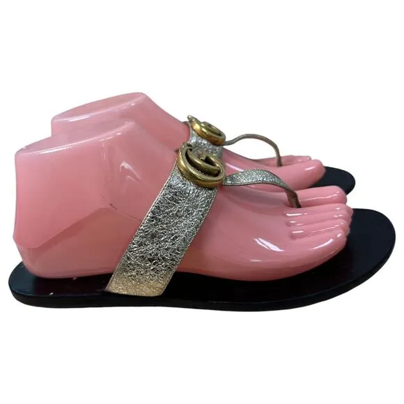 Gucci GG Marmont Gold Metallic Leather T Strap Sandals Size EU 38.5 US 8.5