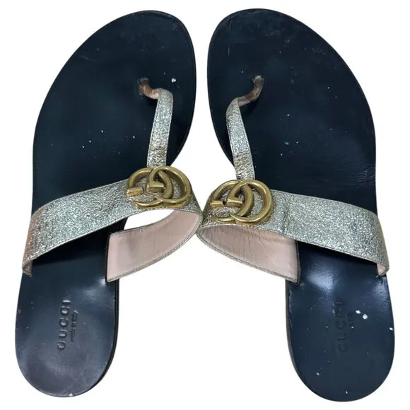 Gucci GG Marmont Gold Metallic Leather T Strap Sandals Size EU 38.5 US 8.5