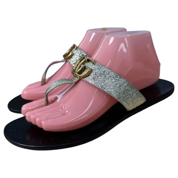 Gucci GG Marmont Gold Metallic Leather T Strap Sandals Size EU 38.5 US 8.5
