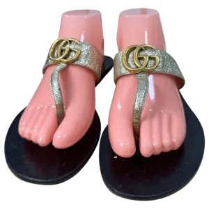 Gucci GG Marmont Gold Metallic Leather T Strap Sandals Size EU 38.5 US 8.5