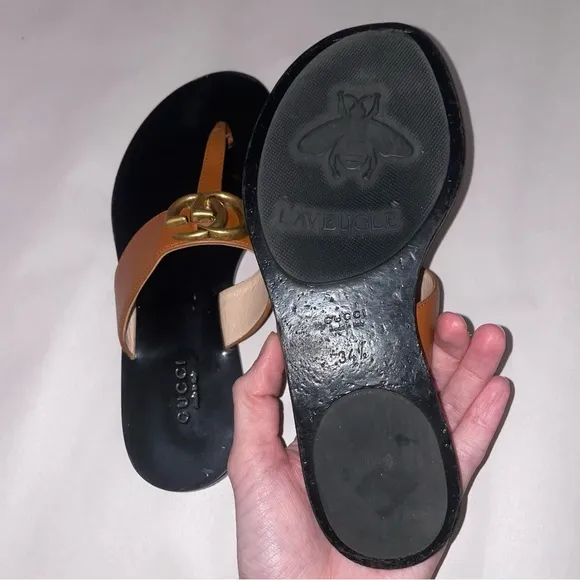 Gucci Size EU 34.5 Brown Leather GG Logo Thong Sandal Slide Flip Flop Flats