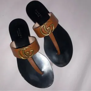 Gucci Size EU 34.5 Brown Leather GG Logo Thong Sandal Slide Flip Flop Flats