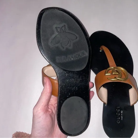 Gucci Size EU 34.5 Brown Leather GG Logo Thong Sandal Slide Flip Flop Flats