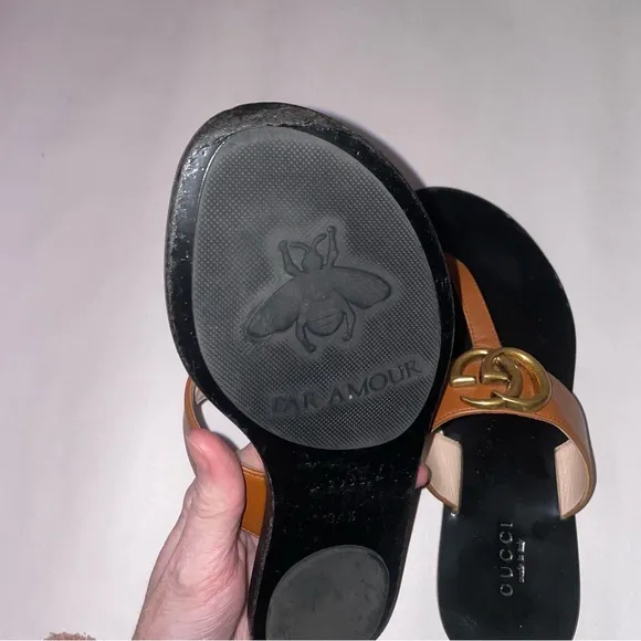 Gucci Size EU 34.5 Brown Leather GG Logo Thong Sandal Slide Flip Flop Flats
