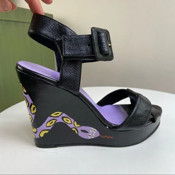 Hand Painted Nine West Platform Wedge Pumps Featuring Snake Motif One of a Kind