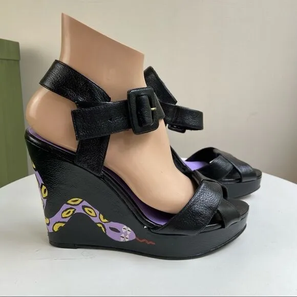 Hand Painted Nine West Platform Wedge Pumps Featuring Snake Motif One of a Kind