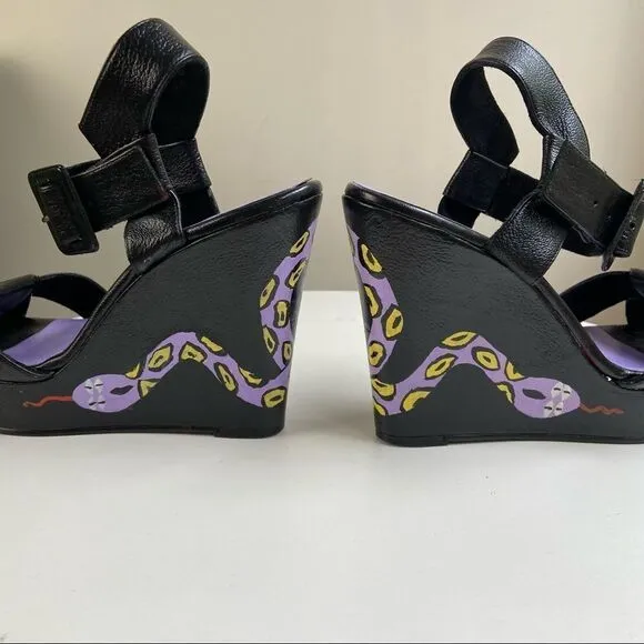 Hand Painted Nine West Platform Wedge Pumps Featuring Snake Motif One of a Kind