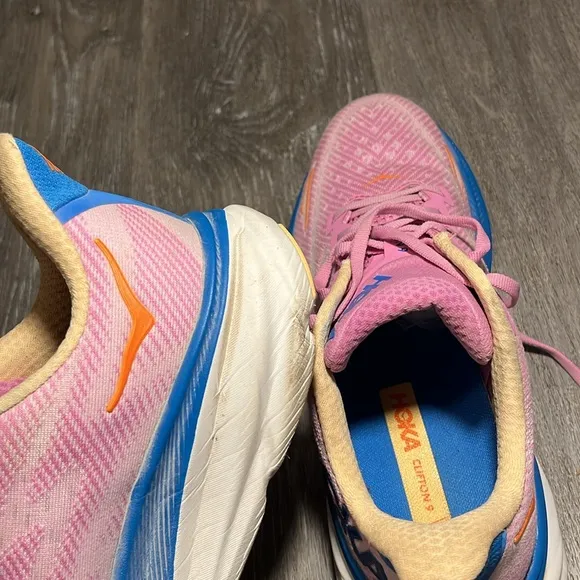 Hoka Clifton 9 Pink and Blue Athletic Shoes with Breathable Mesh
