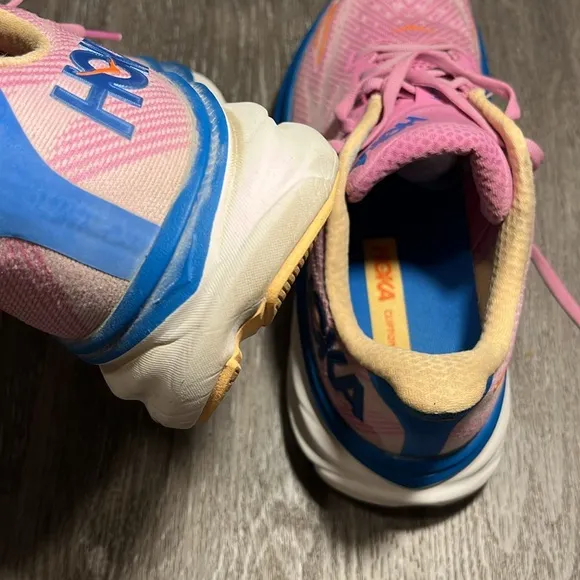 Hoka Clifton 9 Pink and Blue Athletic Shoes with Breathable Mesh